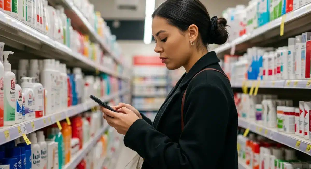 Person examining skincare product labels in a store, focusing on ingredients and pricing for budget-friendly options.