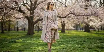 Woman in floral dress and trench coat, transitioning to spring fashion 2025