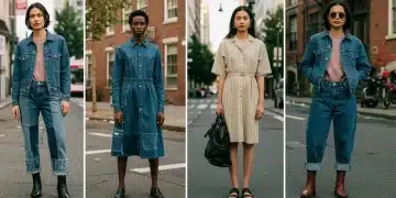 People demonstrating various sustainable fashion choices in an urban environment.