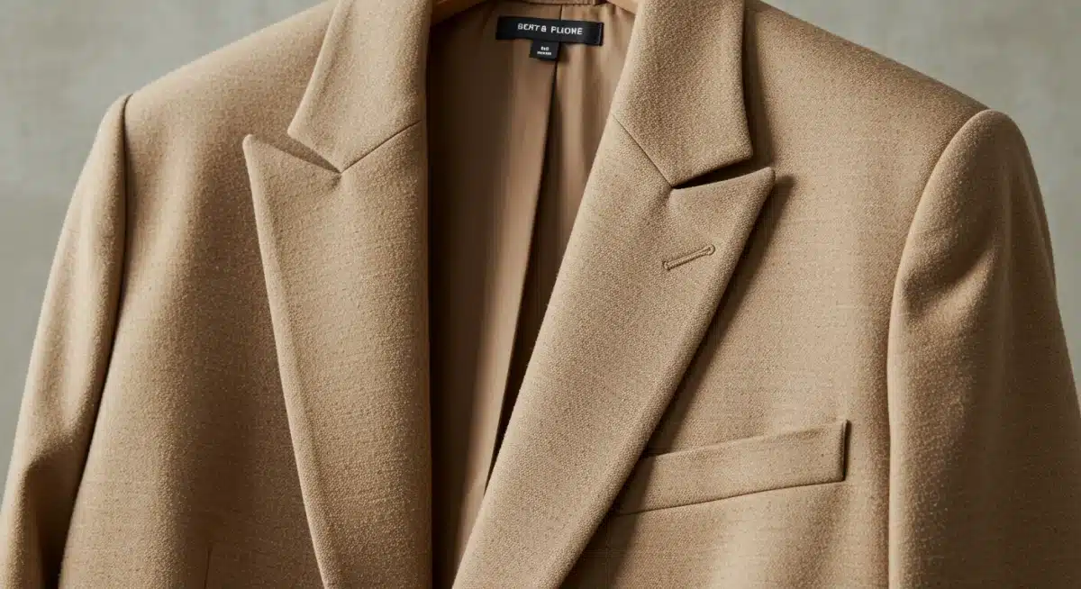 Close-up of a versatile, high-quality neutral blazer, highlighting its fabric and tailored details.