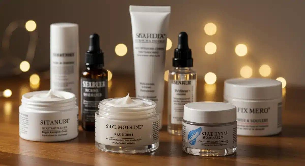 Collection of hydrating skincare products for winter, including creams and serums.