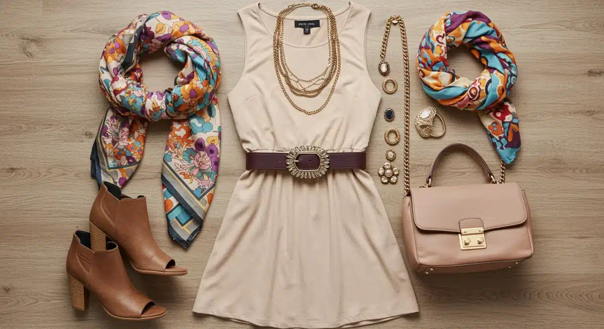 Accessories transforming a basic dress into a new outfit