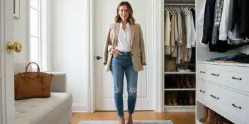 Woman in an organized closet with American capsule wardrobe essentials