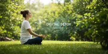 Person meditating peacefully amidst nature, symbolizing digital detox and mental clarity in 2026.