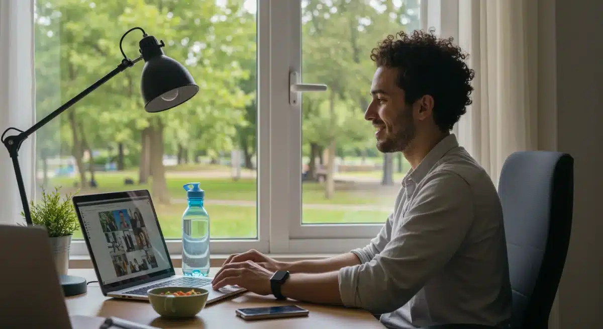 Person effectively managing work tasks in a home office, demonstrating clear boundaries and time management.