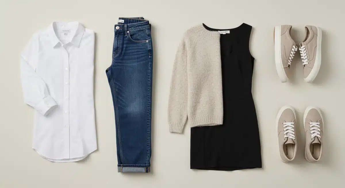 Flat lay of five essential versatile clothing items for 2026