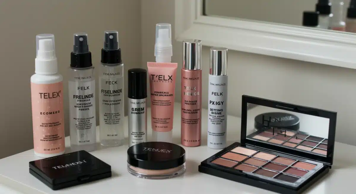 Collection of eyeshadow primers, setting sprays, and long-wear palettes.