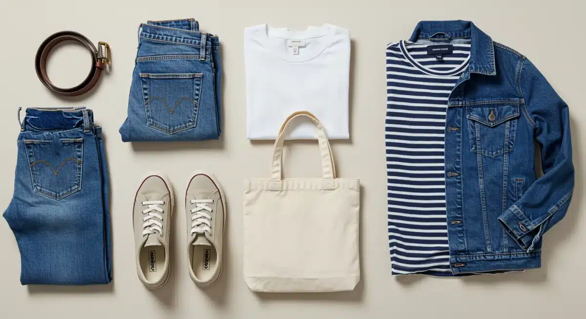 Flat lay of American style capsule wardrobe items