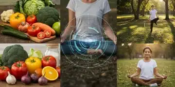 Collage of holistic wellness elements for 2025, showing healthy food, meditation, and technology integration.