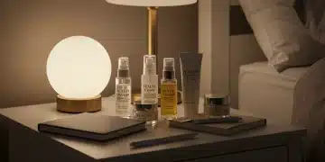 Luxurious nightly skincare products arranged on a serene nightstand with soft lighting