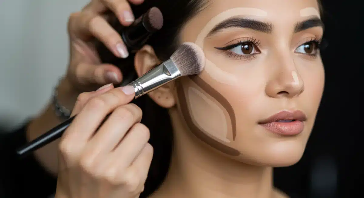 Makeup artist applying contour and highlight with brushes on a model's face