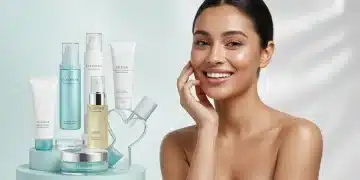 Radiant woman with clear skin showcasing 2026 skincare routine products.