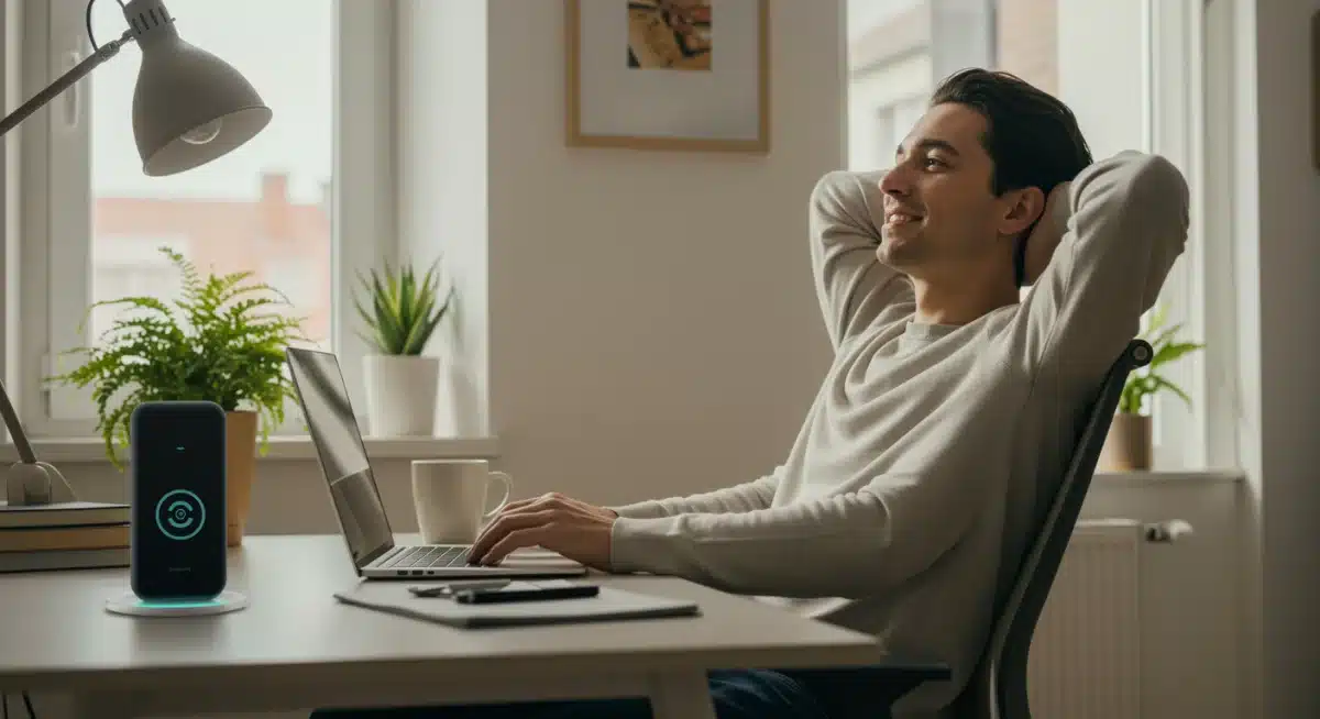 Person enjoying a screen-free moment in a modern home office, promoting productivity and calm.