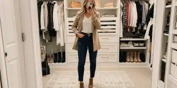 Woman confidently styling existing clothes in a modern closet