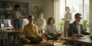 Professionals balancing work and personal life in a modern office, representing work-life harmony in 2025.