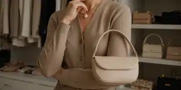 Woman accessorizing with a statement necklace and modern handbag in 2026