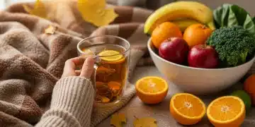 Woman drinking herbal tea in a cozy fall setting with immune-boosting foods.