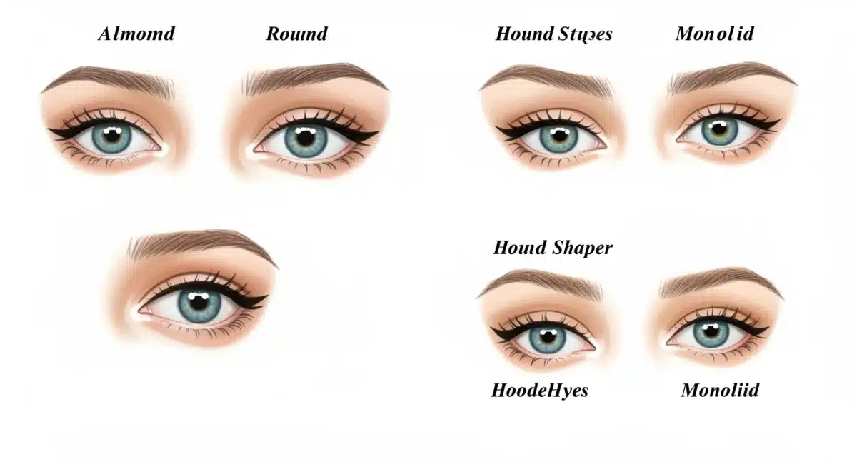 Visual guide showing advanced eyeliner styles for almond, round, hooded, and monolid eye shapes