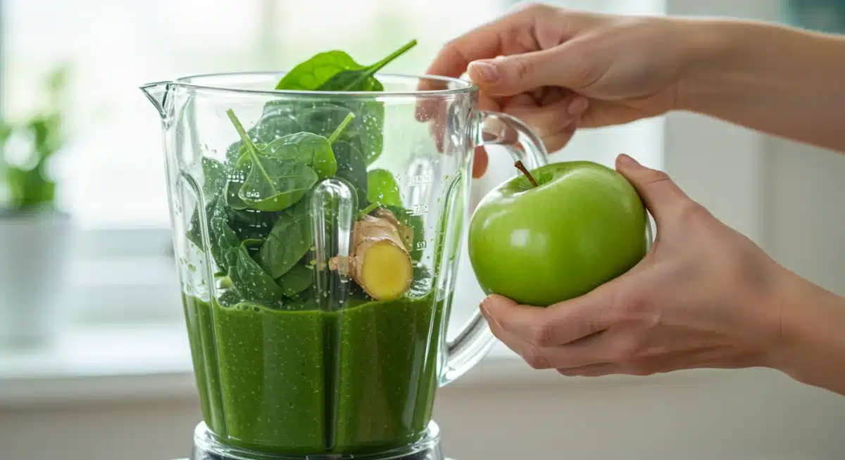 Hand preparing a healthy green smoothie for immune support.