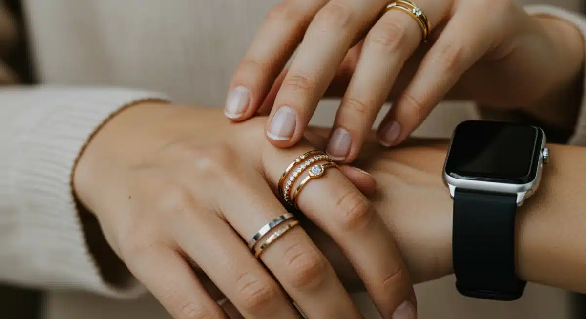 Hands layering minimalist rings and a modern smartwatch