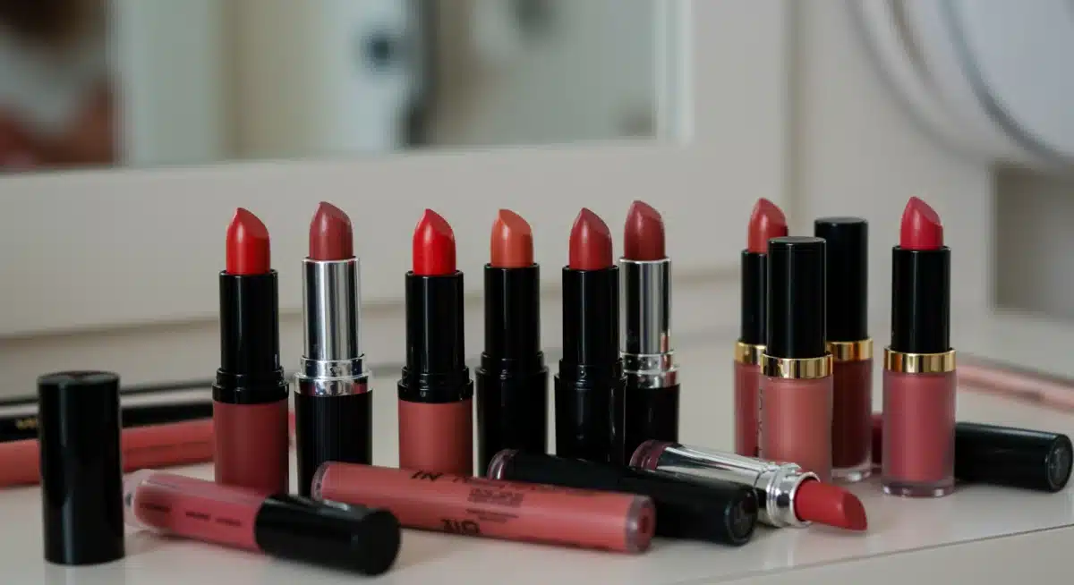 Assortment of long-lasting lipstick products on a vanity