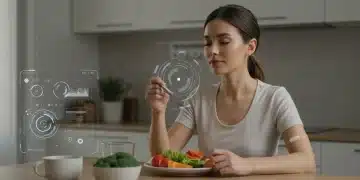 Woman mindfully eating a healthy meal in 2026, focused on well-being