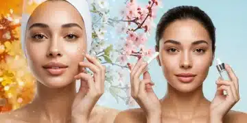 Woman with glowing skin applying serum, transitioning through seasons