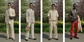 Stylish individuals displaying Spring 2026 accessory trends: oversized sunglasses, metallic jewelry, tech handbags, and silk scarves.