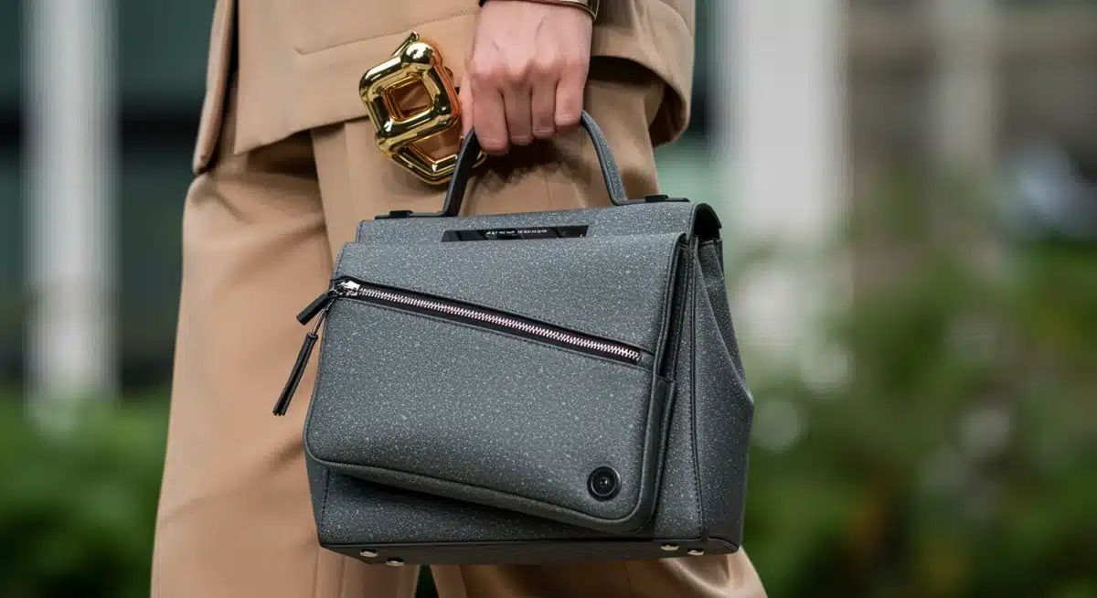Close-up of a model showcasing a multi-functional tech handbag and sculptural metallic bracelet, blending fashion with technology.