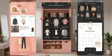 Digital wardrobe management app interface with outfit planning and AI suggestions