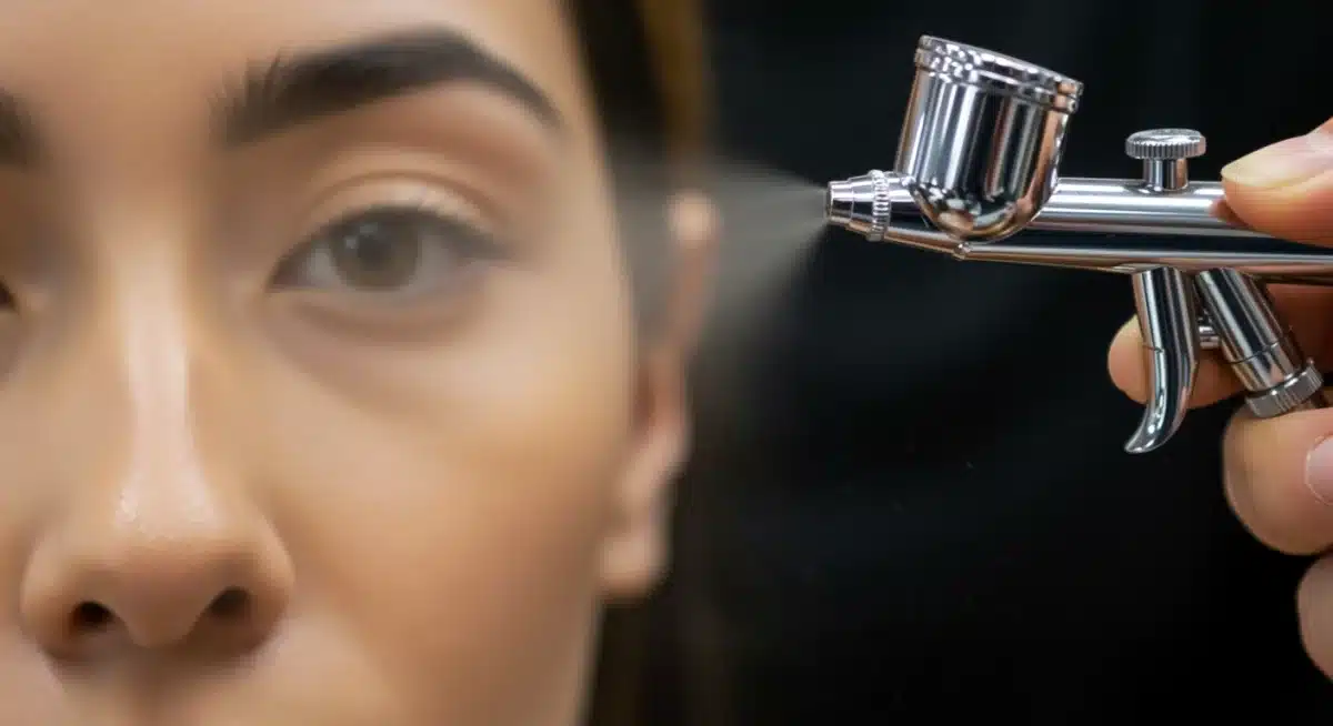 Airbrush gun applying foundation to a model's face