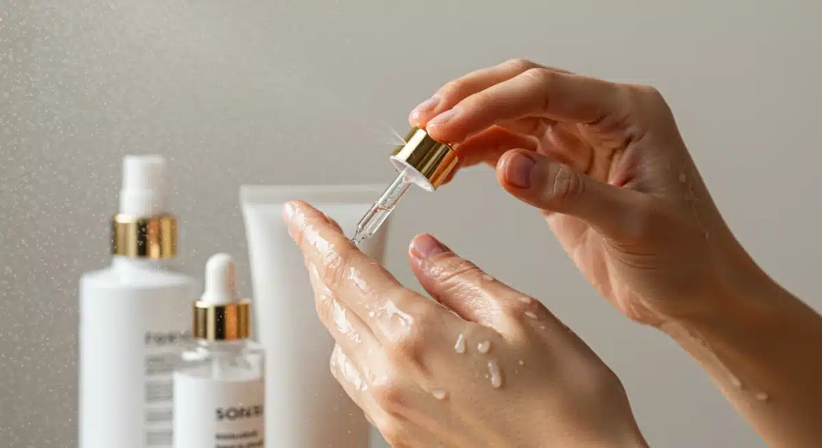 Hands applying a hydrating serum as part of an effective, budget-friendly skincare routine.
