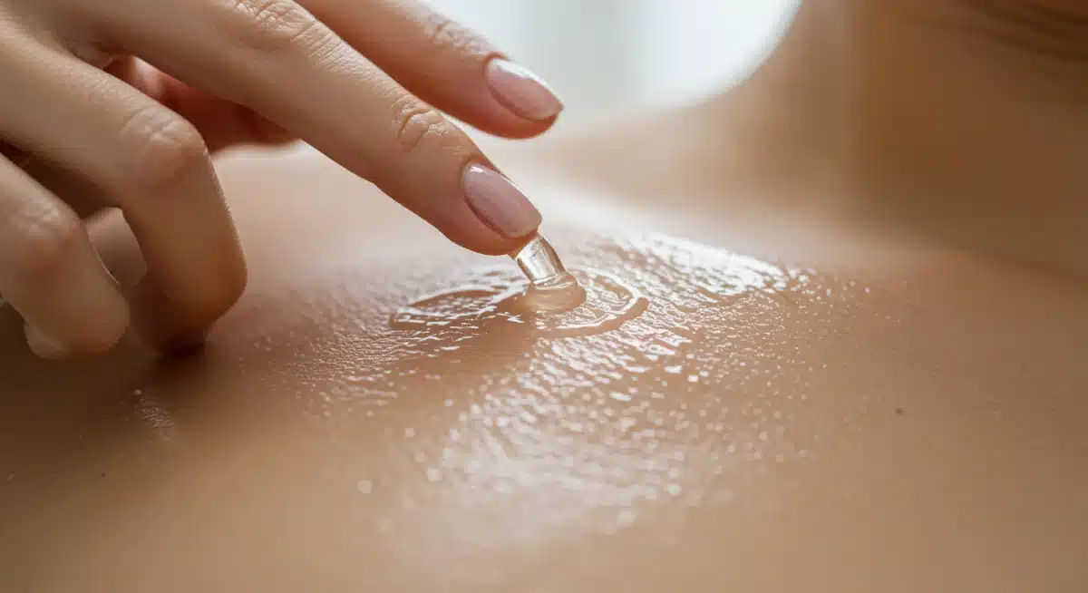Hand applying a hydrating serum to a clean face, demonstrating proper technique for morning skincare.