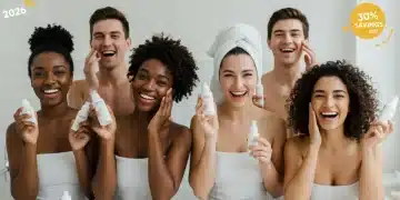 Diverse individuals applying budget-friendly 2026 skincare products for professional results at home, saving money.