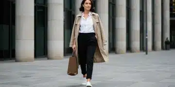Woman in white shirt, black trousers, and trench coat, embodying capsule wardrobe elegance.