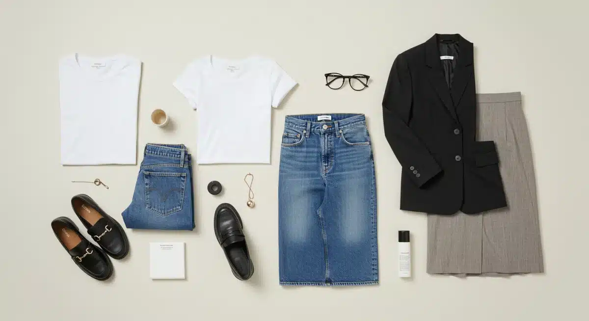 Flat lay of essential capsule wardrobe items including t-shirt, jeans, blazer, skirt, and loafers.