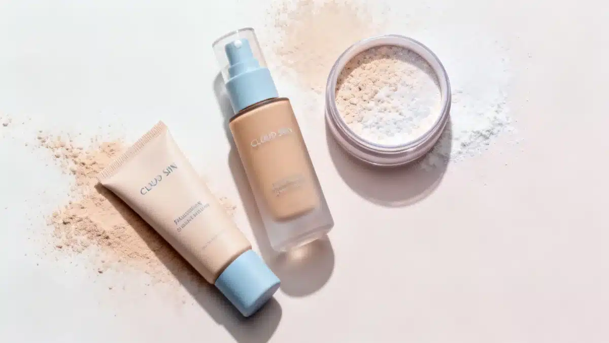Three essential cloud skin makeup products: blurring primer, lightweight foundation, setting powder