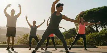 Diverse people performing simple, joyful exercises outdoors in 2026, boosting mood and energy.