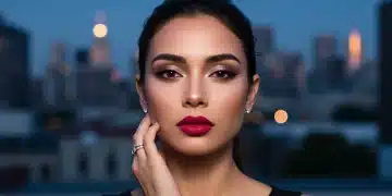 Woman transforming day makeup to night with shimmering eyes and bold lips