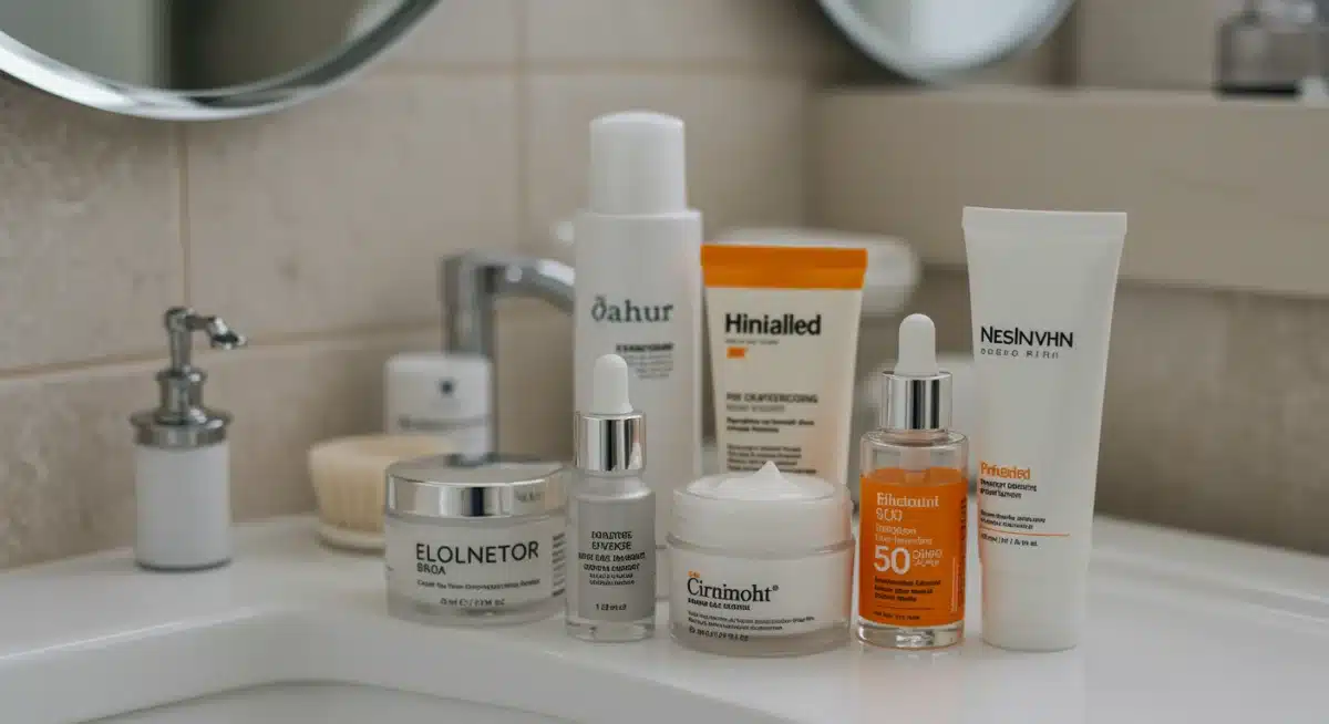 Assortment of essential skincare products for a morning routine, including cleanser, serum, moisturizer, and SPF.