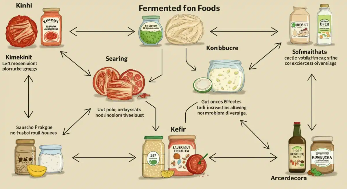 Infographic of diverse fermented foods benefiting gut microbiome