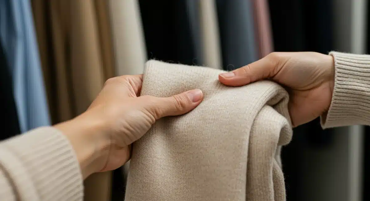 Hand folding a high-quality, neutral-colored cashmere sweater, symbolizing durable capsule pieces.