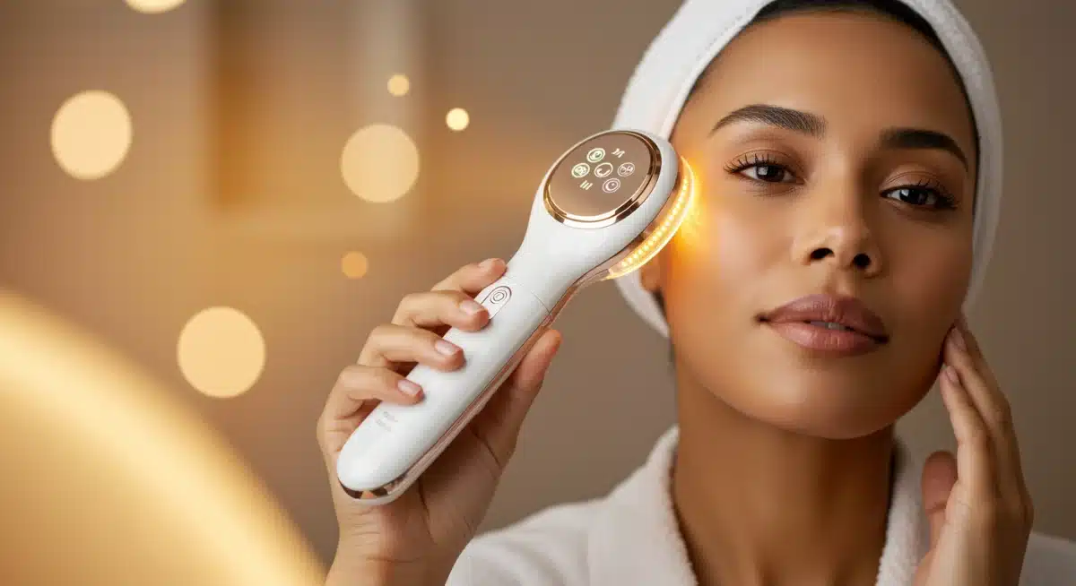 Woman using advanced LED light therapy for fine lines