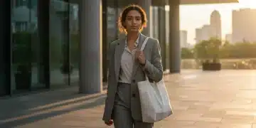 Young professional woman in affordable, stylish business casual walking into a modern office building