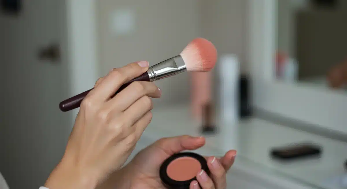 Woman demonstrating quick blush application for a fresh office makeup look.