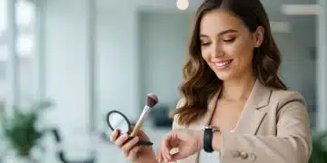 Woman applying quick office makeup in a modern setting, looking polished and ready for work.