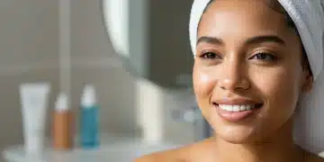 Woman with radiant, bright complexion in morning light, symbolizing effective morning skincare routine.
