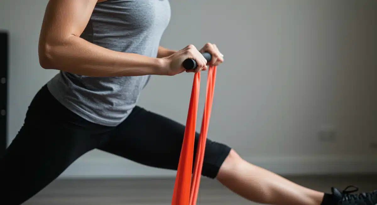 Person performing a resistance band stretch with focus and good posture, indicating gentle effort and flexibility.