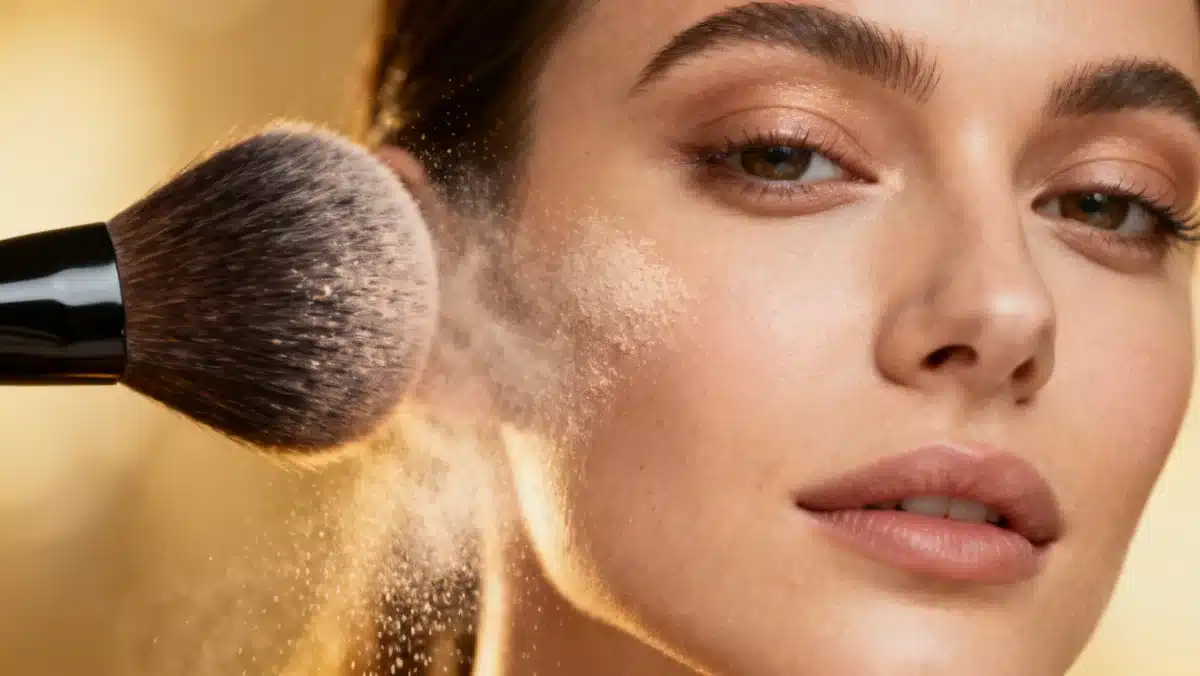 Applying translucent setting powder with a fluffy brush for a diffused cloud skin finish