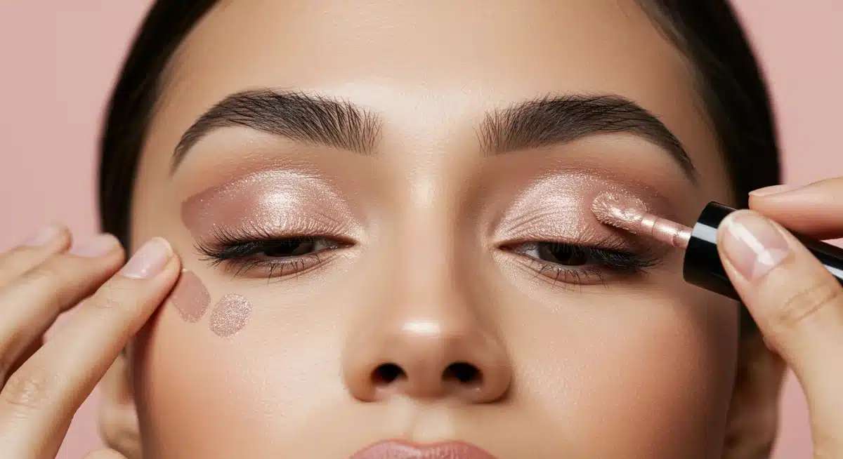 Applying shimmery liquid eyeshadow for evening makeup enhancement